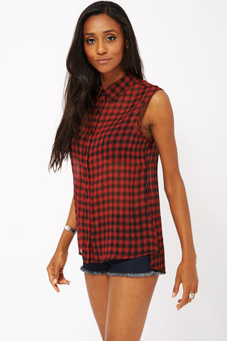 Sheer Sleeveless Shirt -Red-UK 12 - EU 40