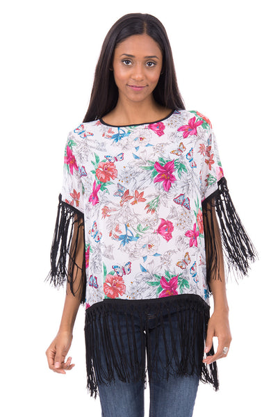 Chiffon Batwing Top With Tassel AVAILABLE IN PLUS SIZES-White -UK 12 - EU 40