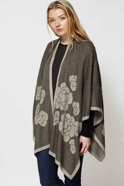 Floral Design Gold Thread Knitted Cape Scarf-Beige-One Size