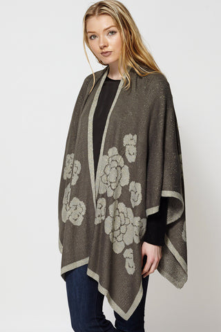 Floral Design Gold Thread Knitted Cape Scarf-Beige-One Size