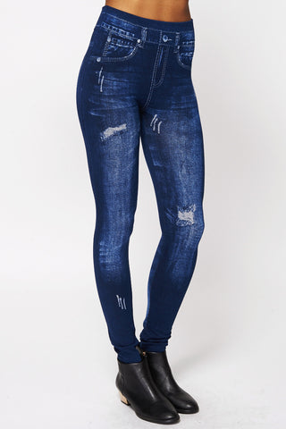 Distressed Denim Look Leggings-Blue -One Size - UK (6-12)