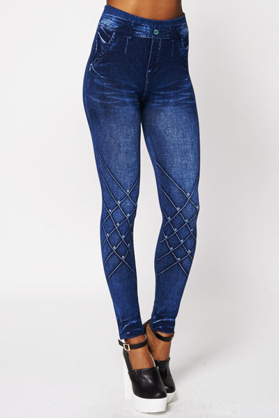 Patterned Jean Detail Fleece Lined Leggings-Blue -One Size - UK (6-12)