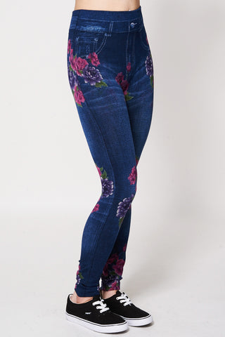 Floral Print Leggings -Blue -One Size
