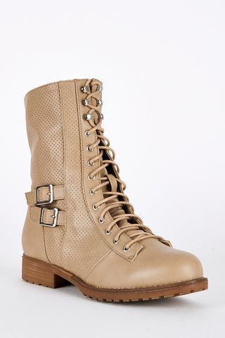 Taupe Lace Up Mid Calf Combat Boots-Taupe-UK 8 - EU 41