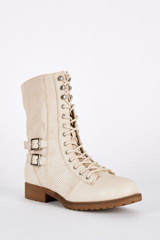 Beige Lace Up Mid Calf Combat Boots-Beige-UK 8 - EU 41
