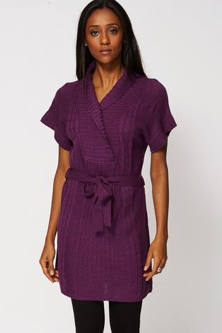 Shawl Collar Belted Knit Dress In Purple-Purple-L