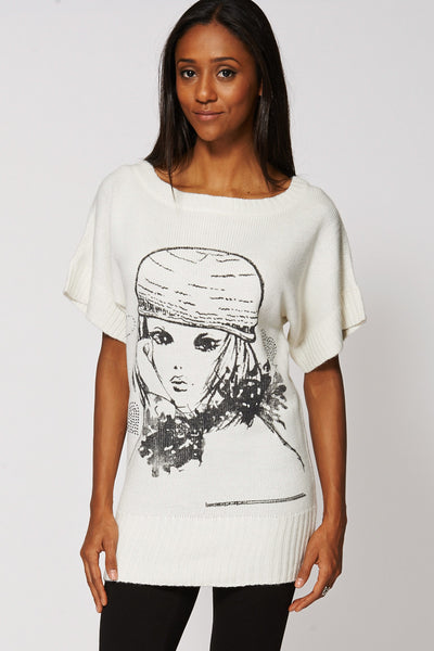 Dreaming Lady Face Print Knitted Jumper-Cream-M