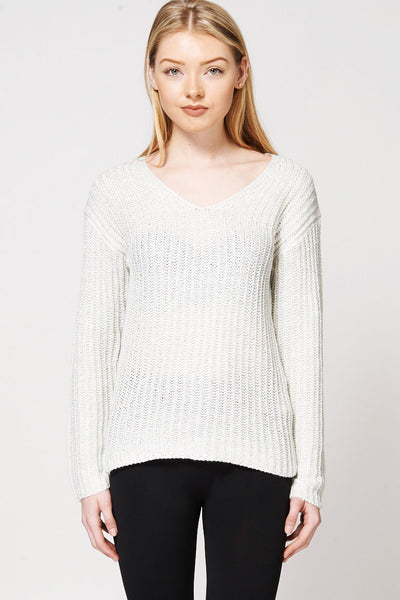 V-Neck Silver Thread Knitted Jumper -Silver-XL