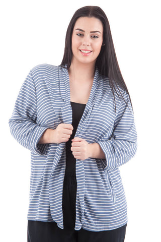 Blue And White Open Front Stripy Blazer PLUS SIZES AVAILABLE-Blue/White-UK 20 - EU 48