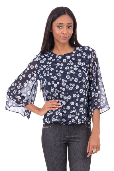 Navy Blouse With Flower Design AVAILABLE IN PLUS SIZES -Navy-UK 6 - EU 34