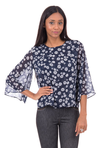 Navy Blouse With Flower Design AVAILABLE IN PLUS SIZES -Navy-UK 6 - EU 34