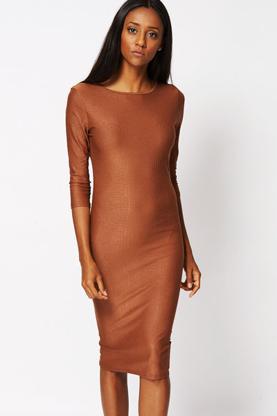 Crocodile Skin Effect Bodycon Midi Dress-Brown-UK 16 - EU 44