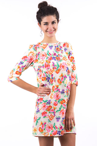 Cream Floral Shift Dress-Cream-Large - UK (12-14)