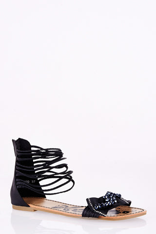 Ankle Strap Flat Sandals with Bow Detail-Black-UK 3 - EU 36