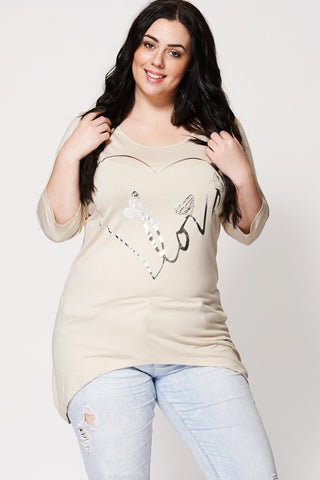 Love And Butterfly Print Dipped Hem Tunic Top -Beige-22/24