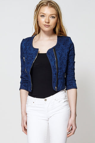 Textured Zipper Crop Jacket-Blue -XL