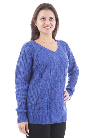 Chunky Knit Royal Blue V-Neck Jumper-Royal Blue-UK 10 - EU 38