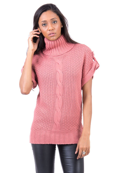 Polo Neck Capped Sleeve Knitted Jumper-Pink-Large - UK (12-14)