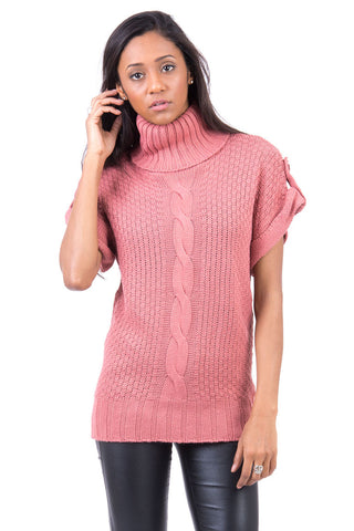Polo Neck Capped Sleeve Knitted Jumper-Pink-Large - UK (12-14)