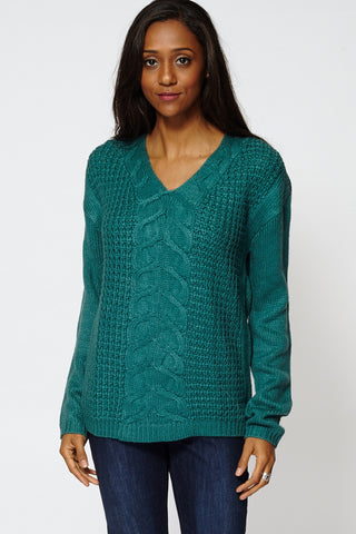 Cable Knit V-Neckline Jumper-Green-L