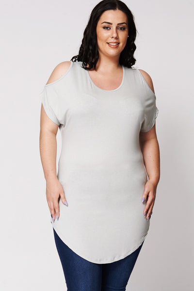 Cold Shoulder Dipped Top-Grey-UK 22/24 - EU 50/52