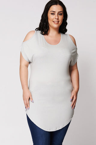 Cold Shoulder Dipped Top-Grey-UK 22/24 - EU 50/52