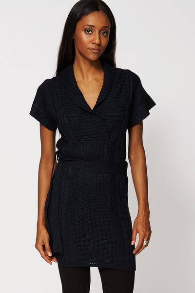 Shawl Collar Belted Knit Dress In Black-Black-L