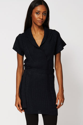 Shawl Collar Belted Knit Dress In Black-Black-L