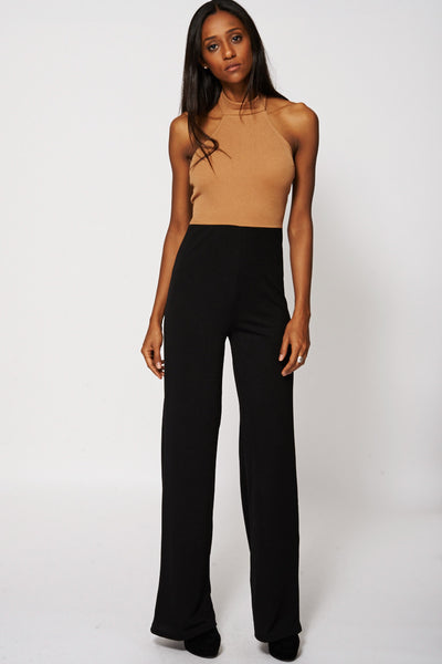 Two Tone Halter Neck Jumpsuit Black & Brown Ex-Branded-Brown-12