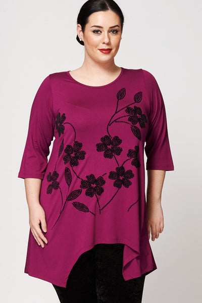 Floral Flock Pattern Handkerchief Top-Purple-UK 20 - EU 48