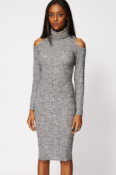 Cut Out Shoulder Roll Neck Bodycon Dress Ex-Branded-Grey-14