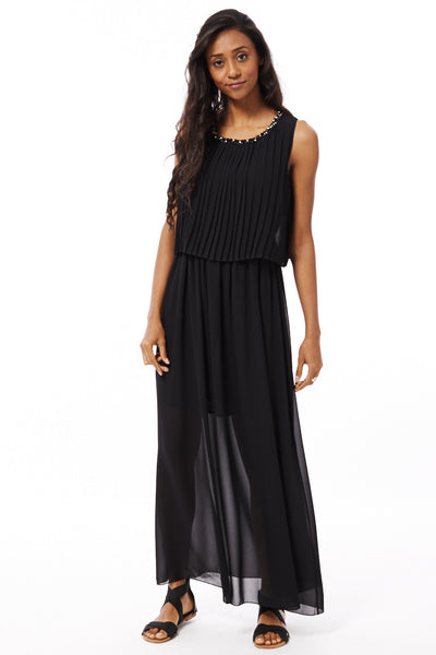 Chiffon Maxi Dress with Pleated Swing Top Detail-Black-S/M - UK (8-10)