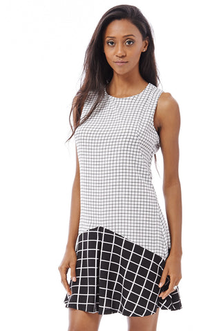 Check Detail A-Line Sleeveless Dress-White -Large - UK (12-14)