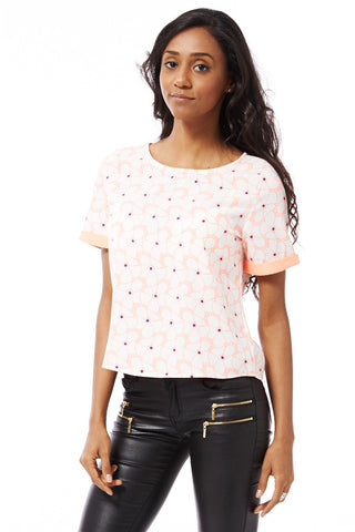 Neon Flower Print Chiffon Top-Coral-Medium - UK (10-12)