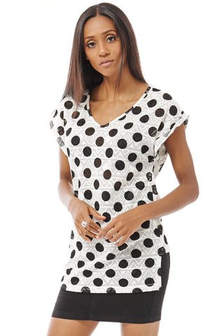 Polka Dot Holey Detailed T-Shirt-Black-M/L - UK (12-14)